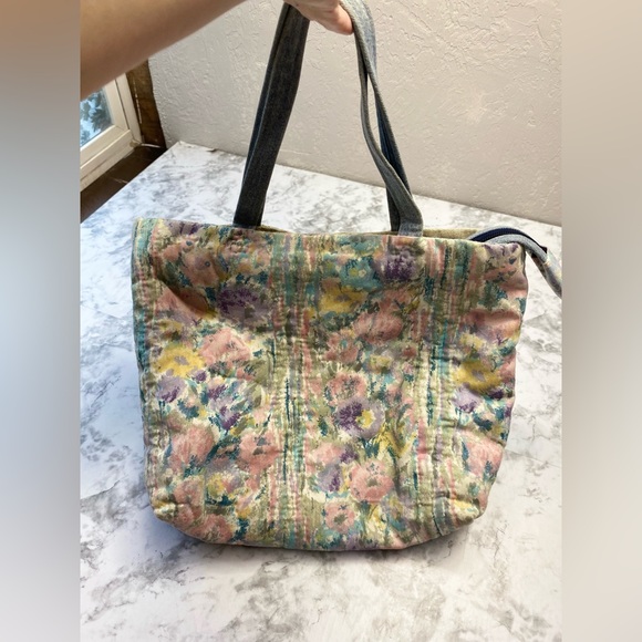 Vintage 90s Pastel Floral Quilted Denim Handle Cottagecore should bag Purse - Picture 14 of 15